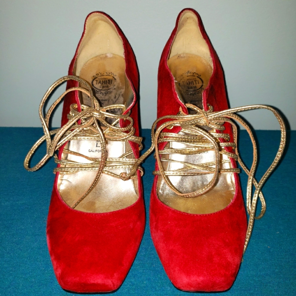 Red Women's Shoes with Gold Laces and Heels